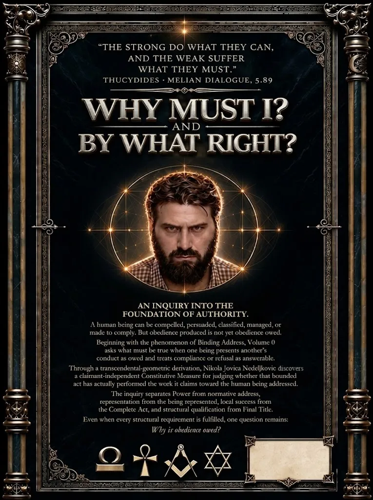 Back cover: Why must I? And by what right? Nikola Jovica Nedeljkovic discovers a claimant-independent Constitutive Measure. The full back-cover wording is also available as text below.
